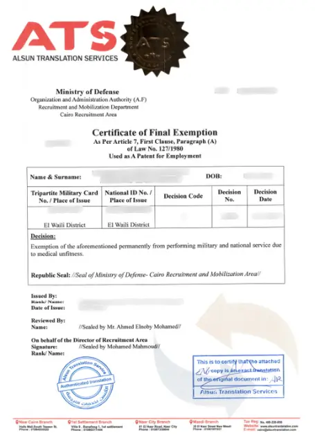 ترجمة شهادة اتمام الخدمة العسكرية